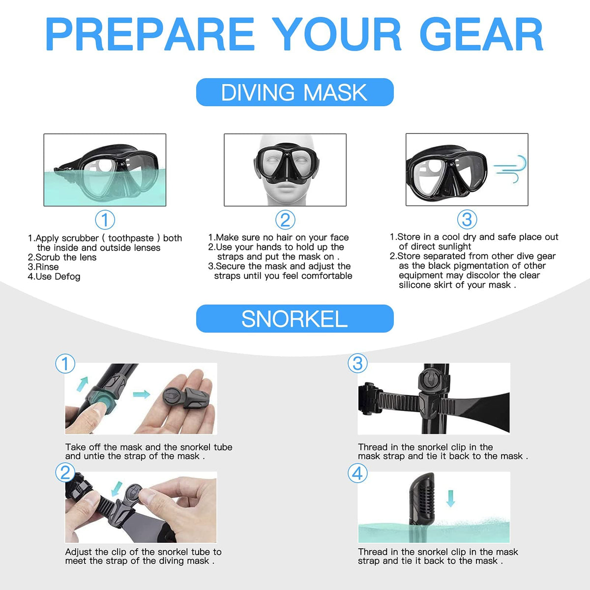 Snorkel Mask Snorkel Set Snorkeling Goggles Free Breath Dry Top Set Snorkeling Gear Anti-Fog and Anti-Leak 180 Degree Panoramic View Swimming Goggles Waterproof Durable Tempered Glass Mask for Adults