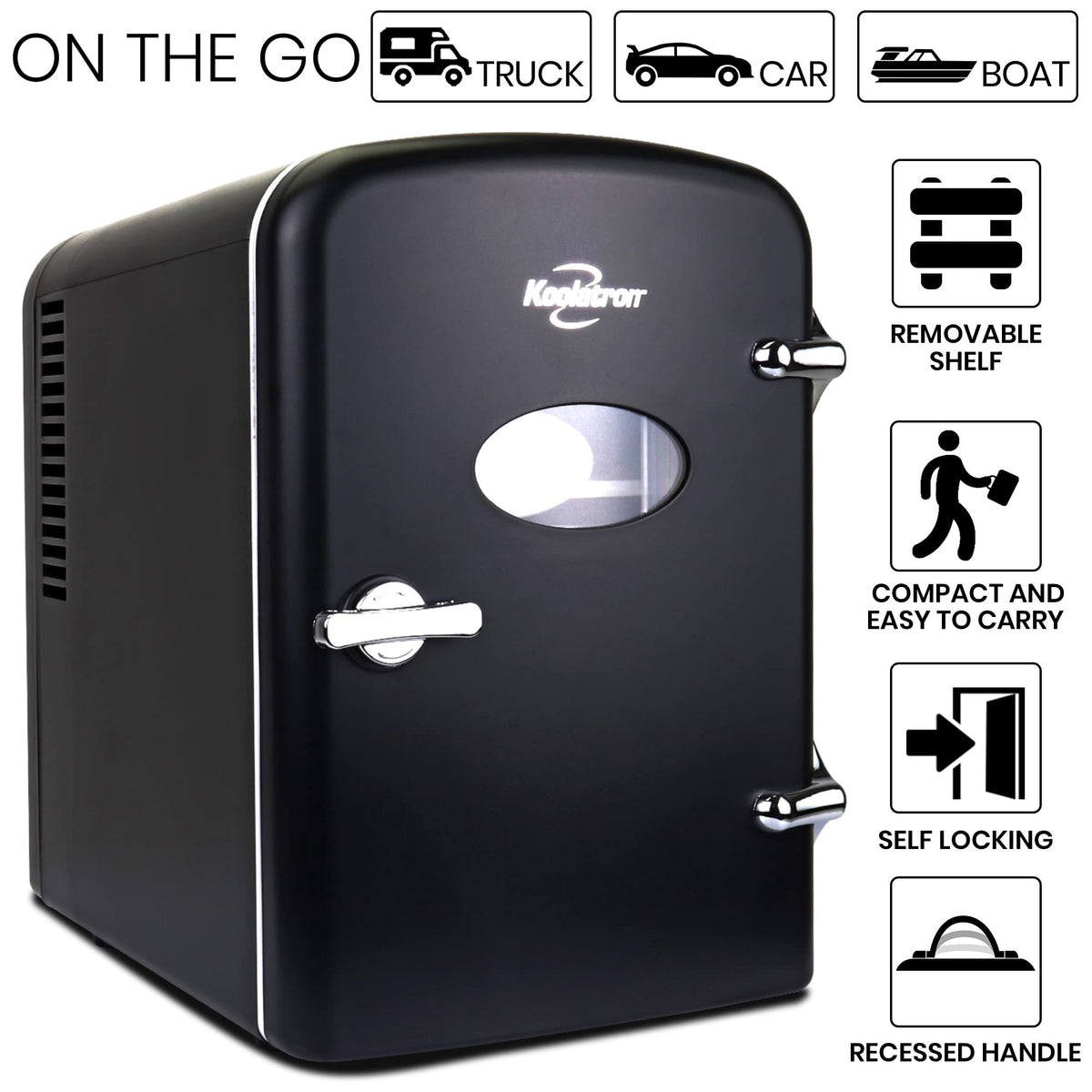 Koolatron Retro 4L 6 Can Portable Mini Fridge, Compact Car Refrigerator, Skincare Cosmetic Beauty Makeup Personal Cooler 12V and AC Cords Desktop Accessory for Bedroom Home Office Travel (Black)