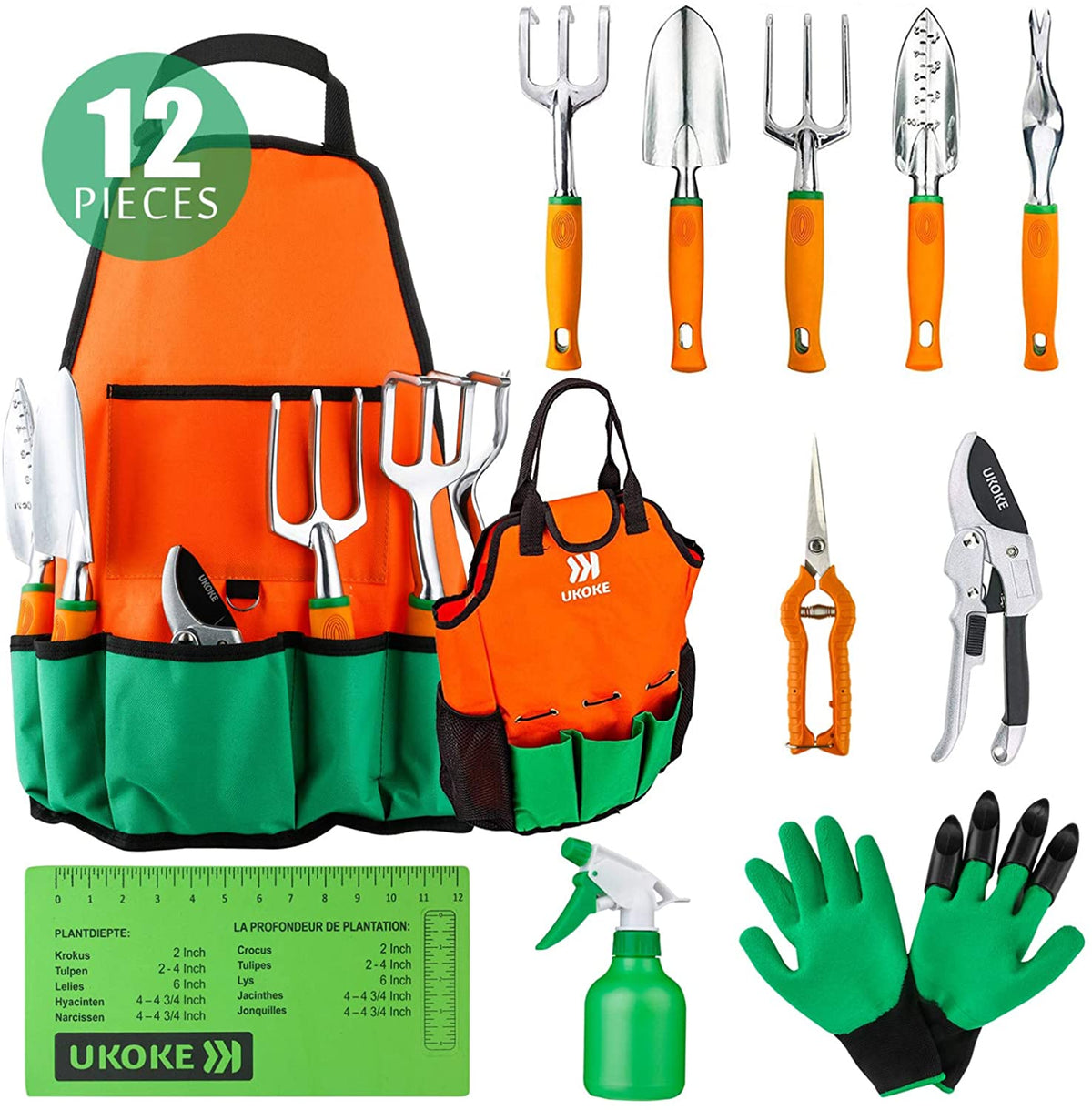 Garden Tool Set, 12 Piece Aluminum Hand Tool Kit, Garden Canvas Apron with Storage Pocket, Outdoor Tool, Heavy Duty Gardening Work Set with Ergonomic Handle, Gardening Tools for women men