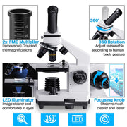 Monocular Microscope for Students and Kids, 200-2000x Magnification Powerful Biological Educational Microscope with Operation Accessories(10p), Slides Set(15p), Phone Adapter, Wire Shutter & Backpack