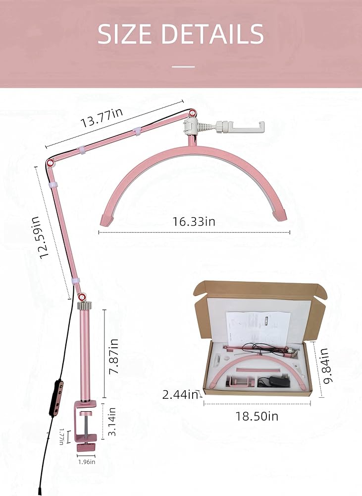 Led Half Moon Nail Desk Lamp,16inch Half Moon Lash Lamp for Lash Extensions,20W Eyelash Light Half Moon with 3 Color Dimmable,Beauty Desk Lamp with Phone Holder for Skincare Beauty Salon (Pink)