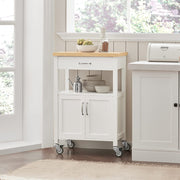 White Kitchen Trolley with Rubberwood Top & Cabinet