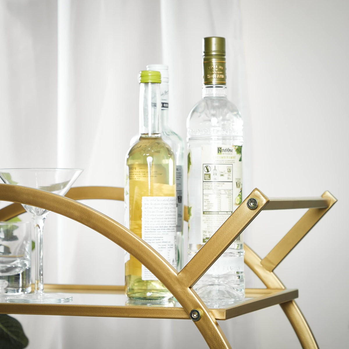 Gold Steel Bar Cart with Glass Rack