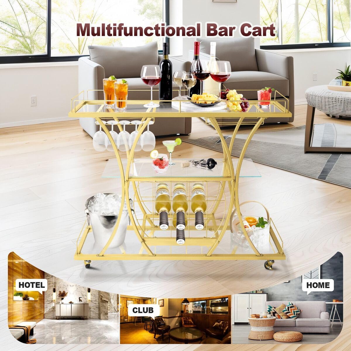 3-Tier Gold Bar Cart with Glass & Wine Racks