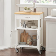 White Kitchen Trolley with Rubberwood Top & Cabinet