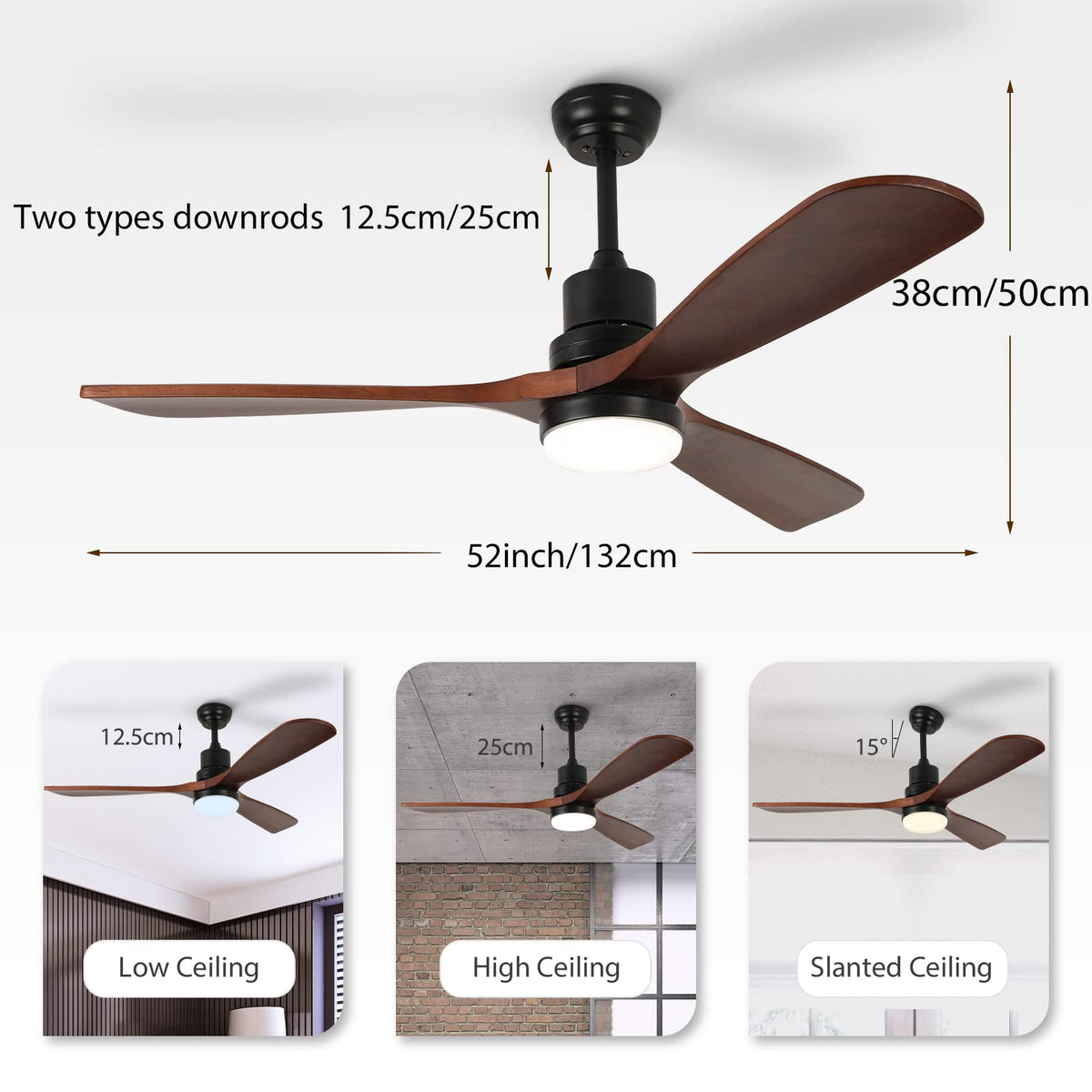 52" Ceiling Fan with Light Remote Control, DC Motor Outdoor LED Modern Smart Ceiling Fans, Wood Walnut Blades, Noiseless Reversible 6-Speed Motor for Bedroom, Garage, Patios, Kitchen, Farmhouse