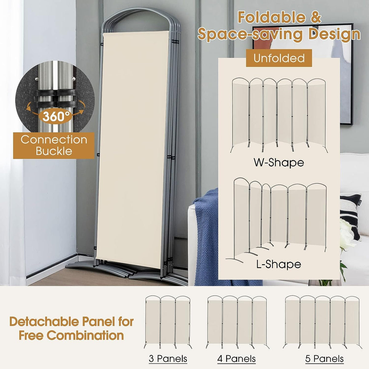 188cm Folding 6-Panel Room Divider – 4 Colours