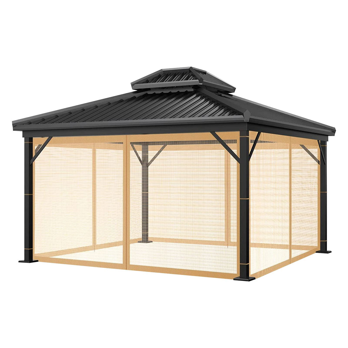 New Gazebo Mo-squito Net Outdoor Gazebo Netting Screen Replacement Universal 4-Panel Sidewalls with Zipper Waterproof Mo-Squito Netting (12' x 12', Brown)
