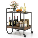Bar Cart, Liquor Beverage Serving Cart with 6-Bottle Removable Metal Wire Wine Rack, Modern Kitchen Cocktail Cart with Wheels, 2 Tier Kitchen Rolling Bar Carts for Living Room, Rustic Brown