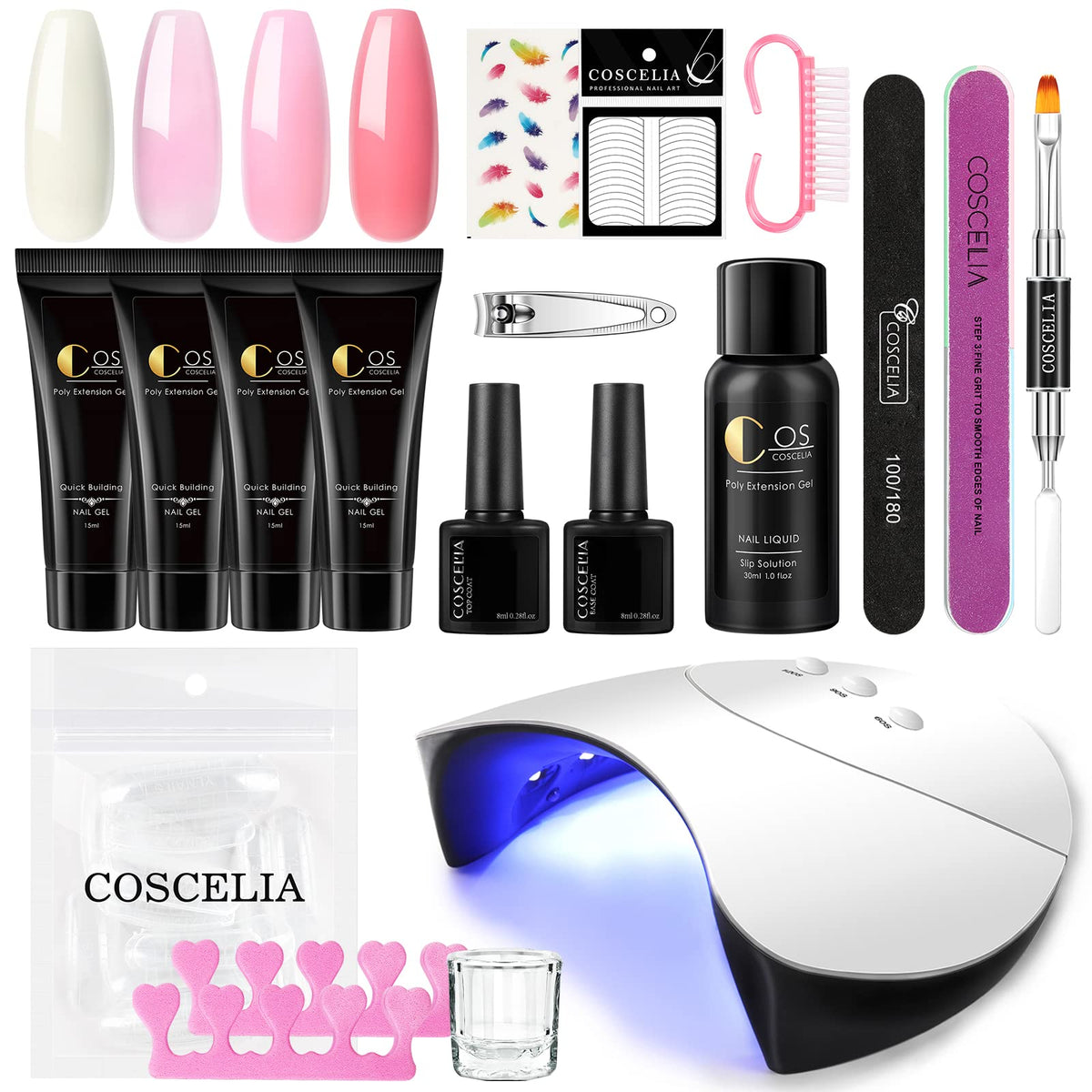 Poly Nail Gel with Lamp Kit,4 Colors Poly Extension Gel 36W LED U V Nail Dryer for Nail Builder Base Coat Top Coat Nail Slip Solution and Manicure Tools for Nail Design