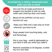 Universal Baby Pram & Stroller Sunshade (6m+) | UV Cover & Mosquito Net for Baby Strollers | Blocks up to 97.5% UV (UPF40+) | Portable Blackout Blind to Help Baby Sleep | SnoozeShade Plus Deluxe