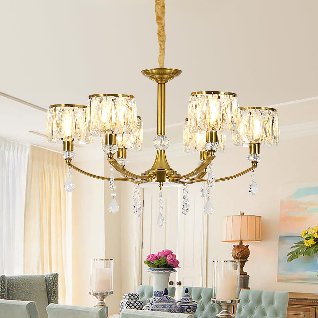 Ganeed Gold Chandelier,6 Lights Wagon Wheel Chandeliers with Clear Crystal Shades,Modern Mid Century Hanging Pendant Light Fixture for Dining Room Living Room Bedroom(E14 Base)