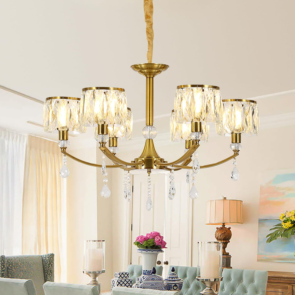 Ganeed Gold Chandelier,6 Lights Wagon Wheel Chandeliers with Clear Crystal Shades,Modern Mid Century Hanging Pendant Light Fixture for Dining Room Living Room Bedroom(E14 Base)