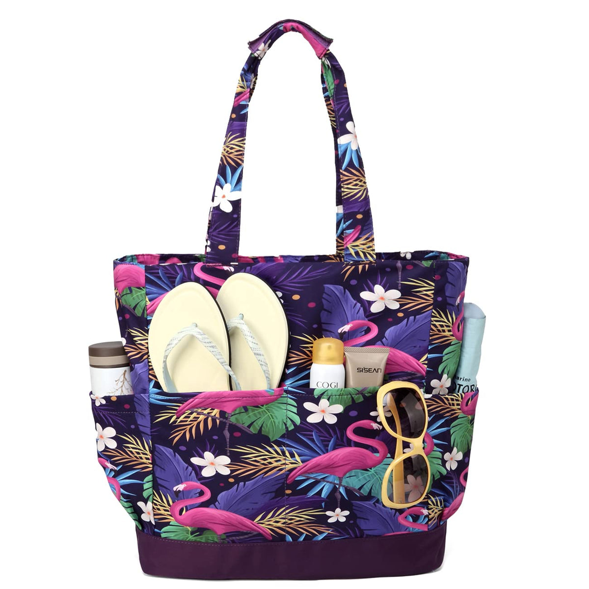 Beach Bag for Women,VASCHY Lightweight Large Water Resistant Sandproof Fold-able Packable Pool Tote Bag w Zipper/Pockets for Vacation