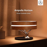 Ampulla Horizon Bedside Lamp with TWS Bluetooth Speaker and 10W Wireless Charger, Table Lamp Desk Lamp with Digital Clock, Stepless Dimming and Sleep Mode for Light Sleeper