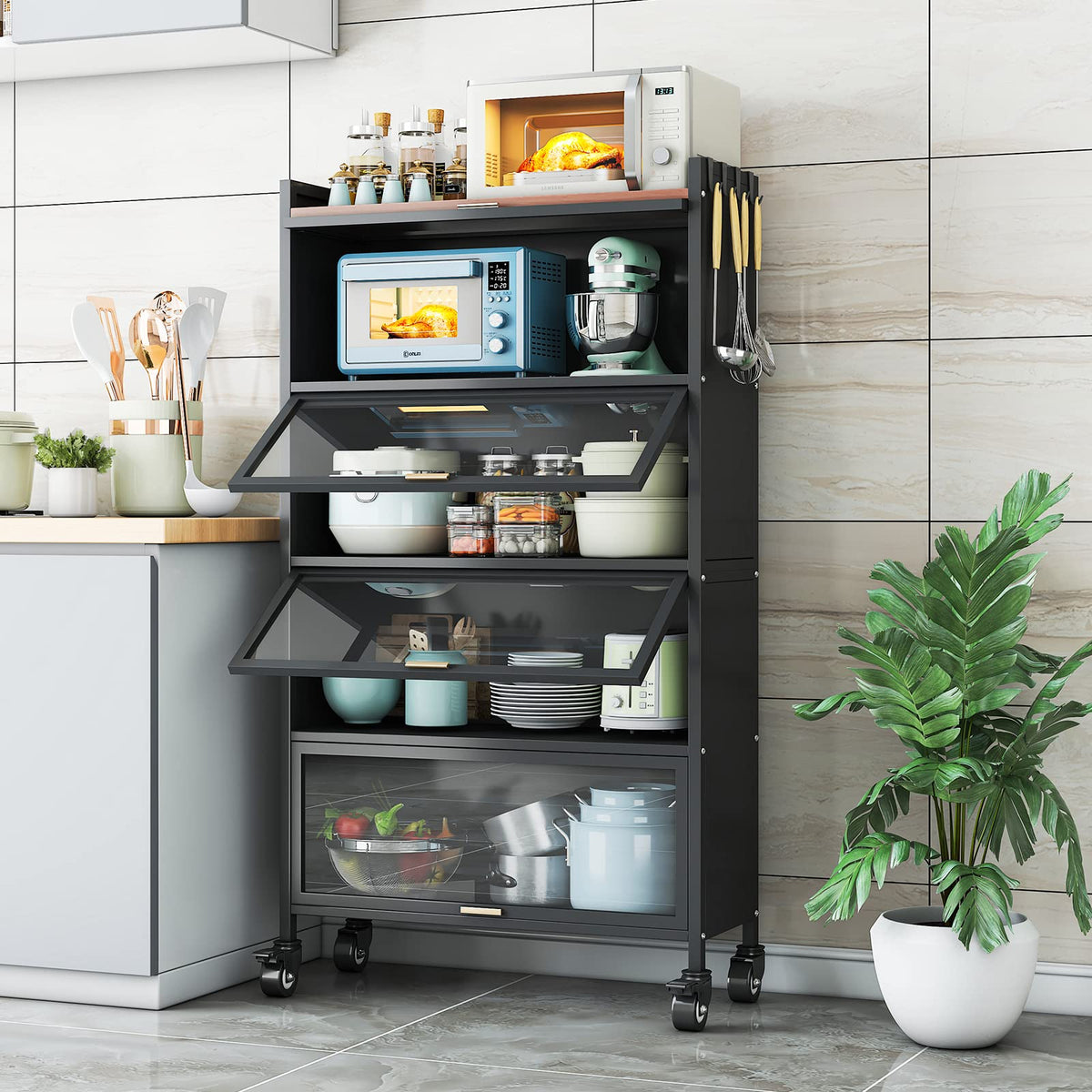5-Tier Black Rolling Baker’s Rack with Hooks