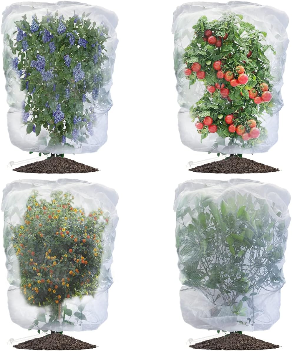 4 Pack Fruit Protection Bags with Drawstring, Garden Netting Plant Covers, 3.5 Ft x 2.3 Ft Perfect for Tomato Netting Cover Garden Plant Barrier Netting Bags for Vegetables Fruits Flower