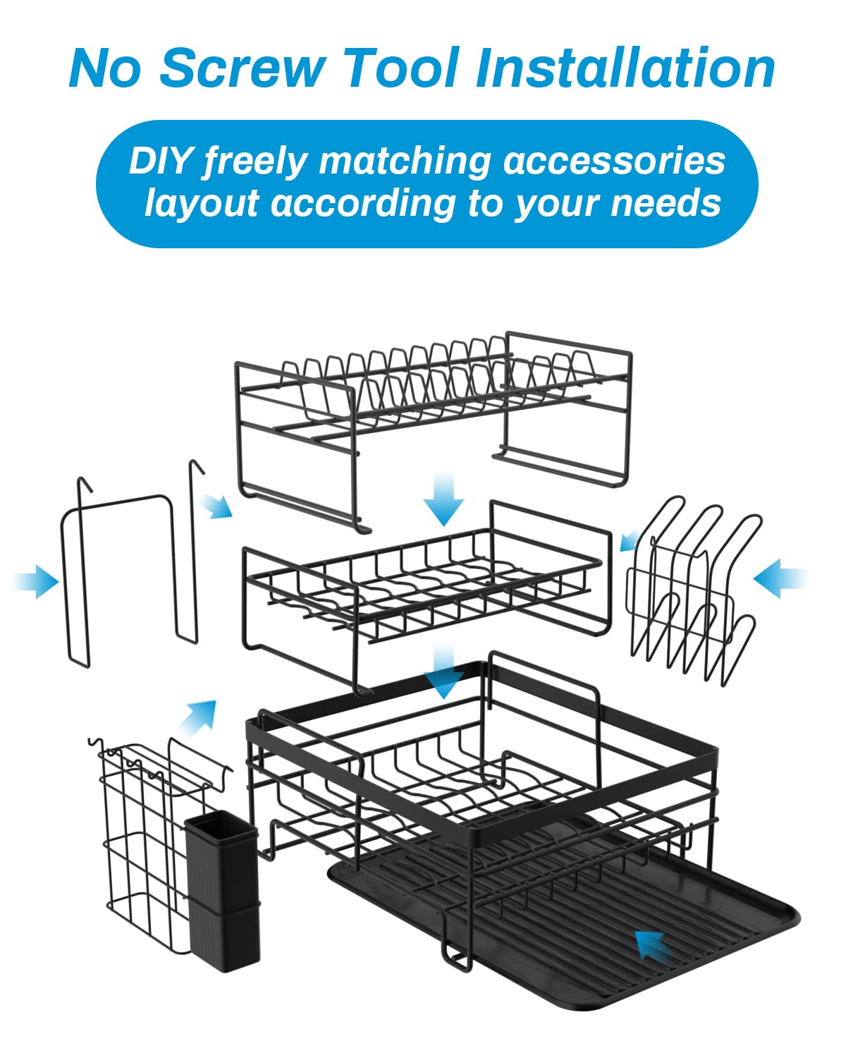 3-Tier Black Dish Rack with Removable Drip Tray & Holders