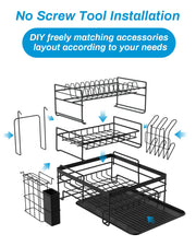 3-Tier Black Dish Rack with Removable Drip Tray & Holders