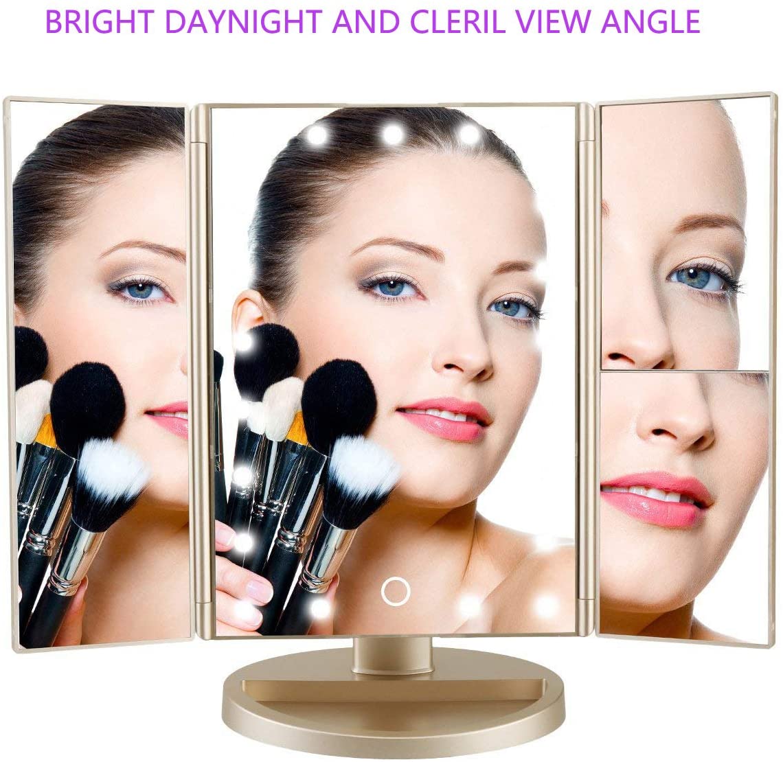 Gold Tri-Fold LED Vanity Mirror – 1×, 2× & 3× Magnification