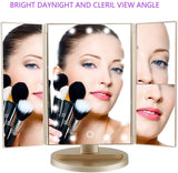 Tri-Fold Lighted Vanity Makeup Mirror with 21 LED Lights, Touch Screen and 3X/2X/1X Magnification Mirror, Two Power Supply Mode Tabletop Makeup Mirror, Travel Cosmetic Mirror (Gold)