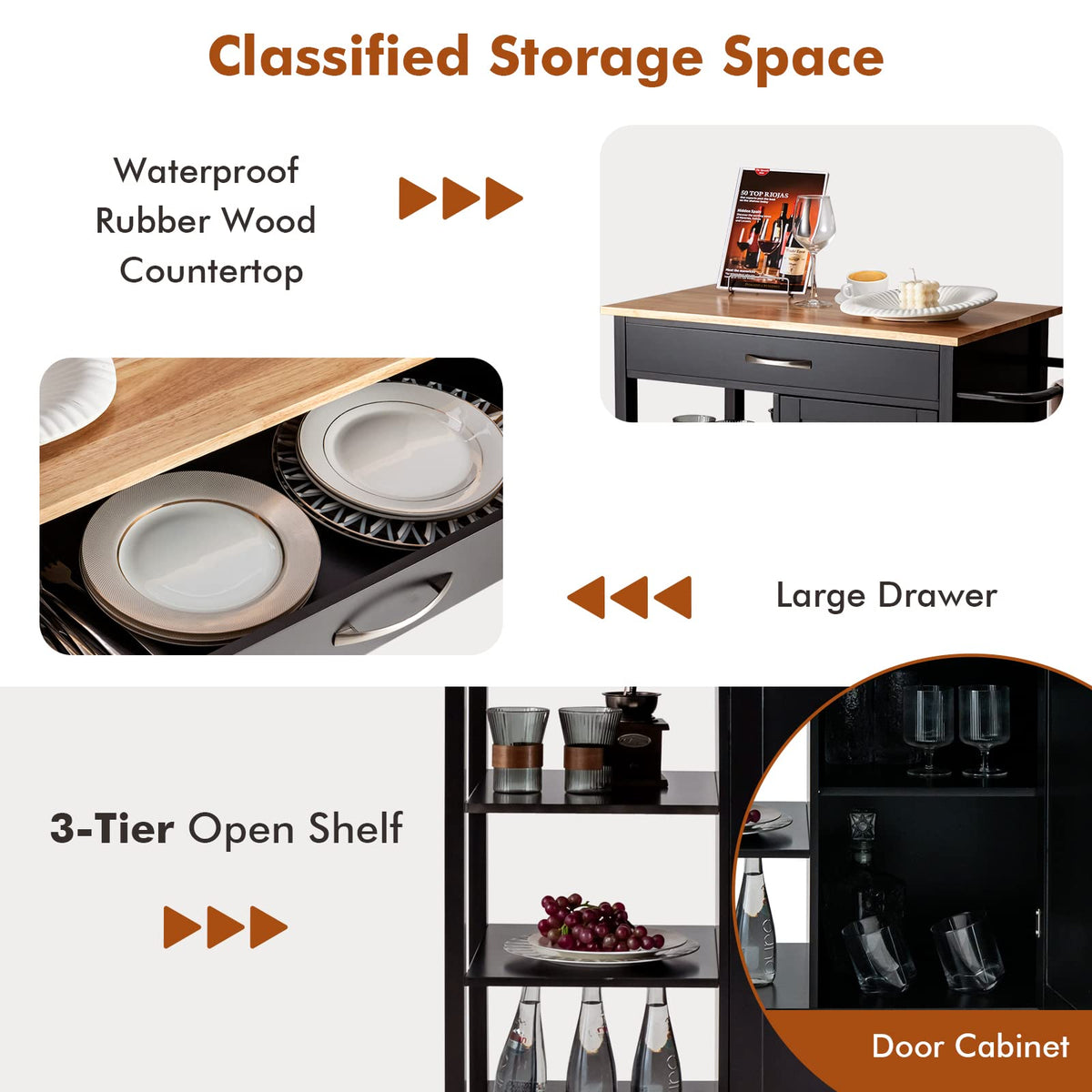 Rolling Kitchen Island with Rubberwood Top & Cabinet