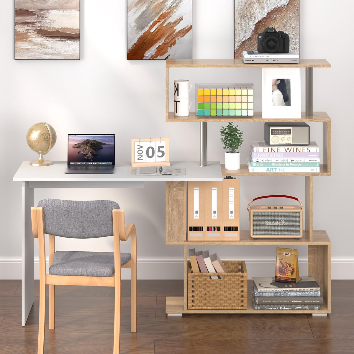 Rotating White & Wood Corner Desk with 4-Tier Shelves
