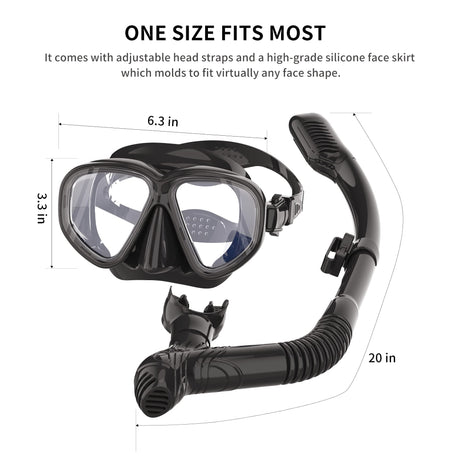 Snorkel Mask Snorkel Set Snorkeling Goggles Free Breath Dry Top Set Snorkeling Gear Anti-Fog and Anti-Leak 180 Degree Panoramic View Swimming Goggles Waterproof Durable Tempered Glass Mask for Adults