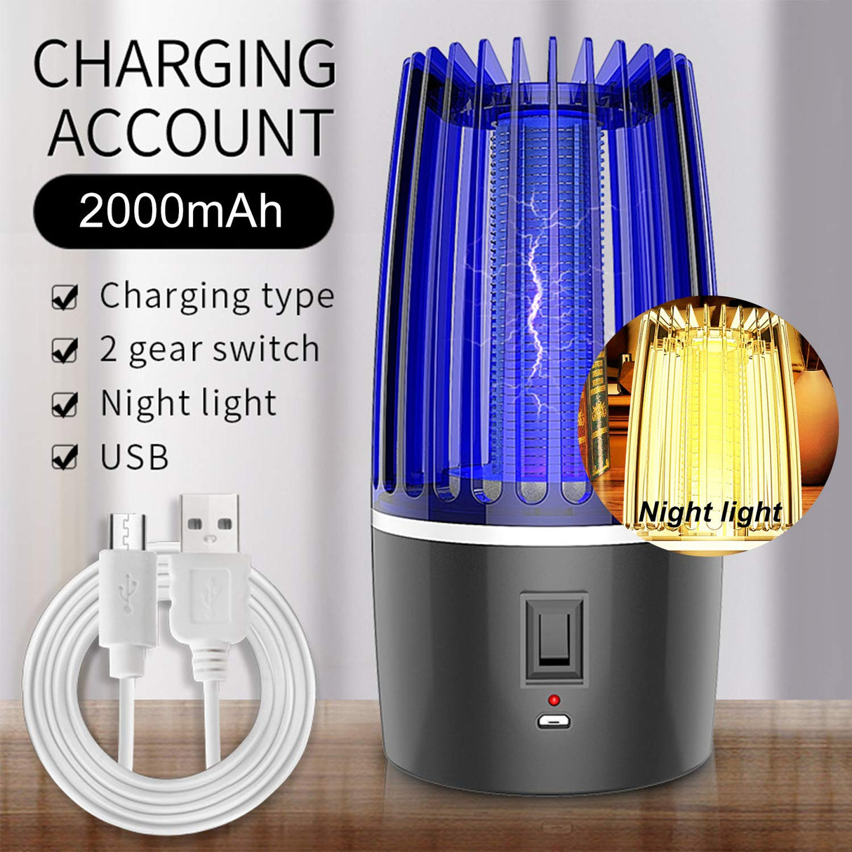 Mosquito Fly Killer Lamp, Portable Night Light USB Rechargeable Mosquito Killer Insect Repellent, (Black)