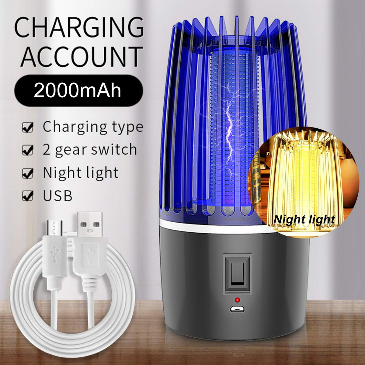 Mosquito Fly Killer Lamp, Portable Night Light USB Rechargeable Mosquito Killer Insect Repellent, (Black)