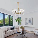 Ganeed Gold Chandelier,6 Lights Wagon Wheel Chandeliers with Clear Crystal Shades,Modern Mid Century Hanging Pendant Light Fixture for Dining Room Living Room Bedroom(E14 Base)