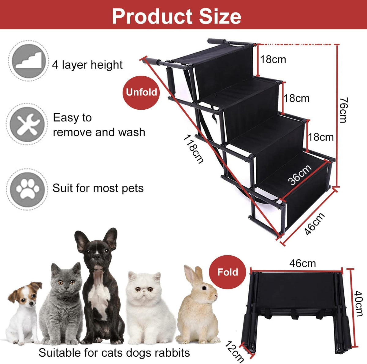 4-Step Folding Dog Car Stairs – 80 kg Capacity