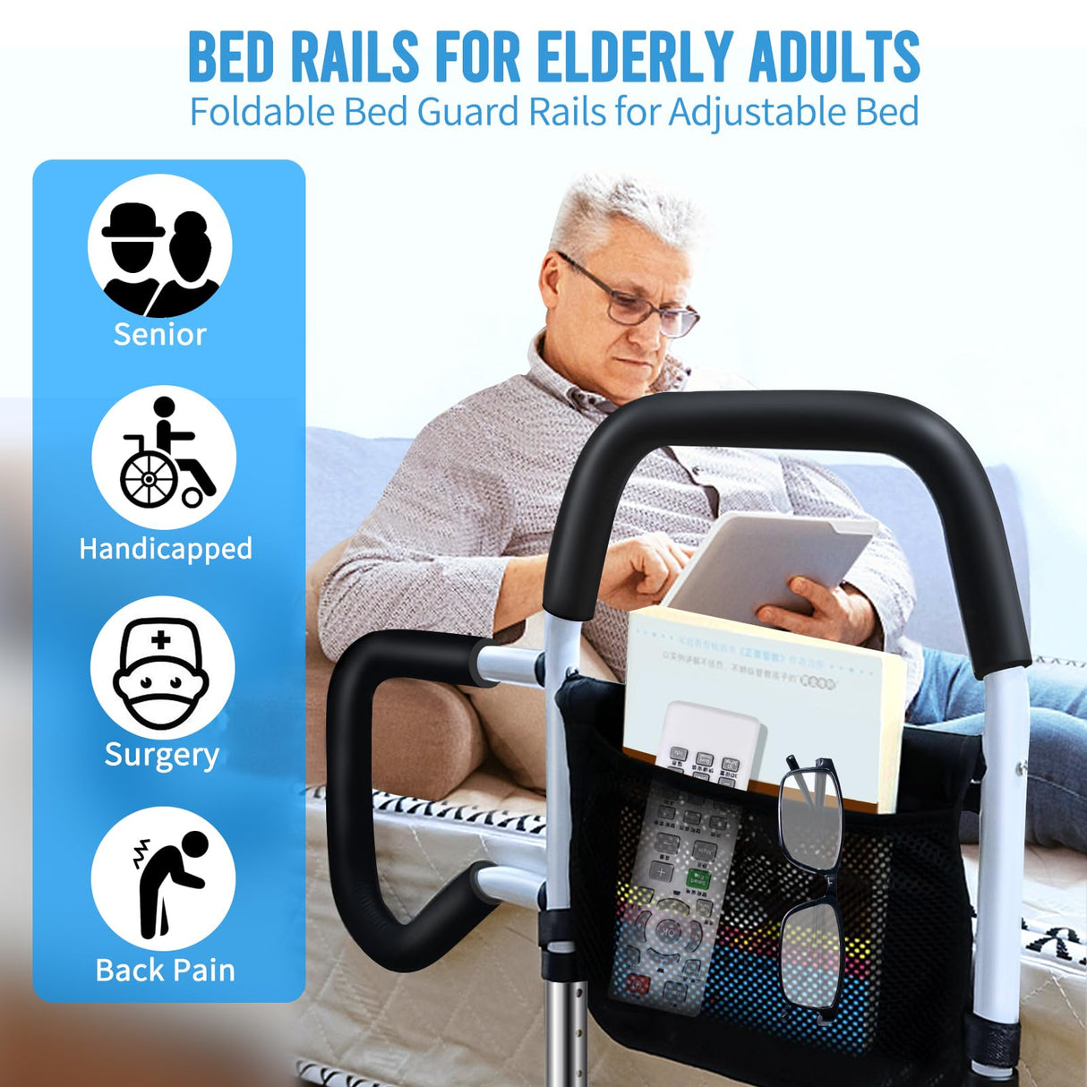Bed Rails for Elderly Adults Safety, Foldable Bed Guard Rails for Adjustable Bed, Non-Wobble Bed Assist Bar for Seniors Fit King/Queen/Full/Twin Size Bed, Adjustable Heights & Storage Pocket