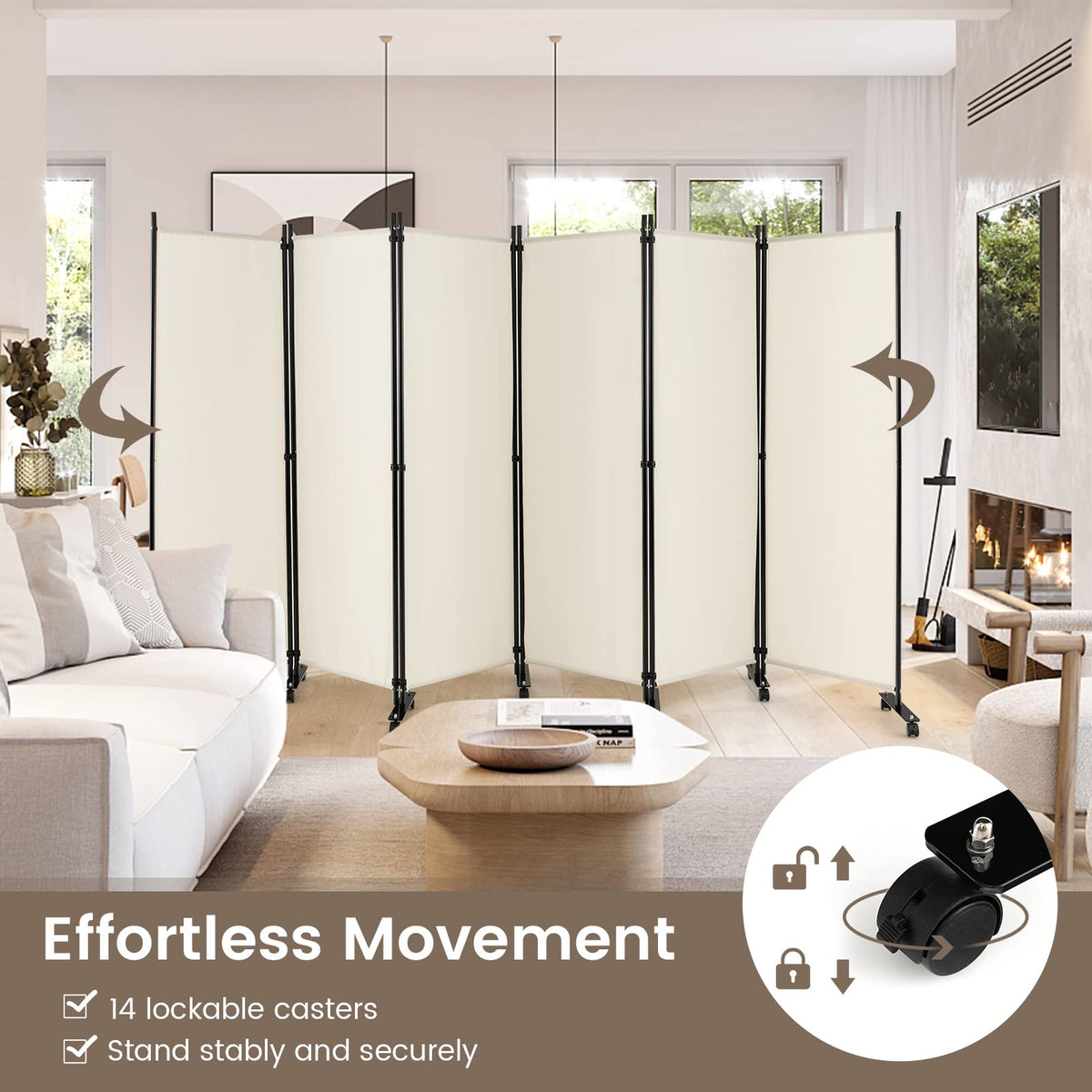 334.5 × 172 cm 6-Panel Rolling Room Divider – 4 Colours