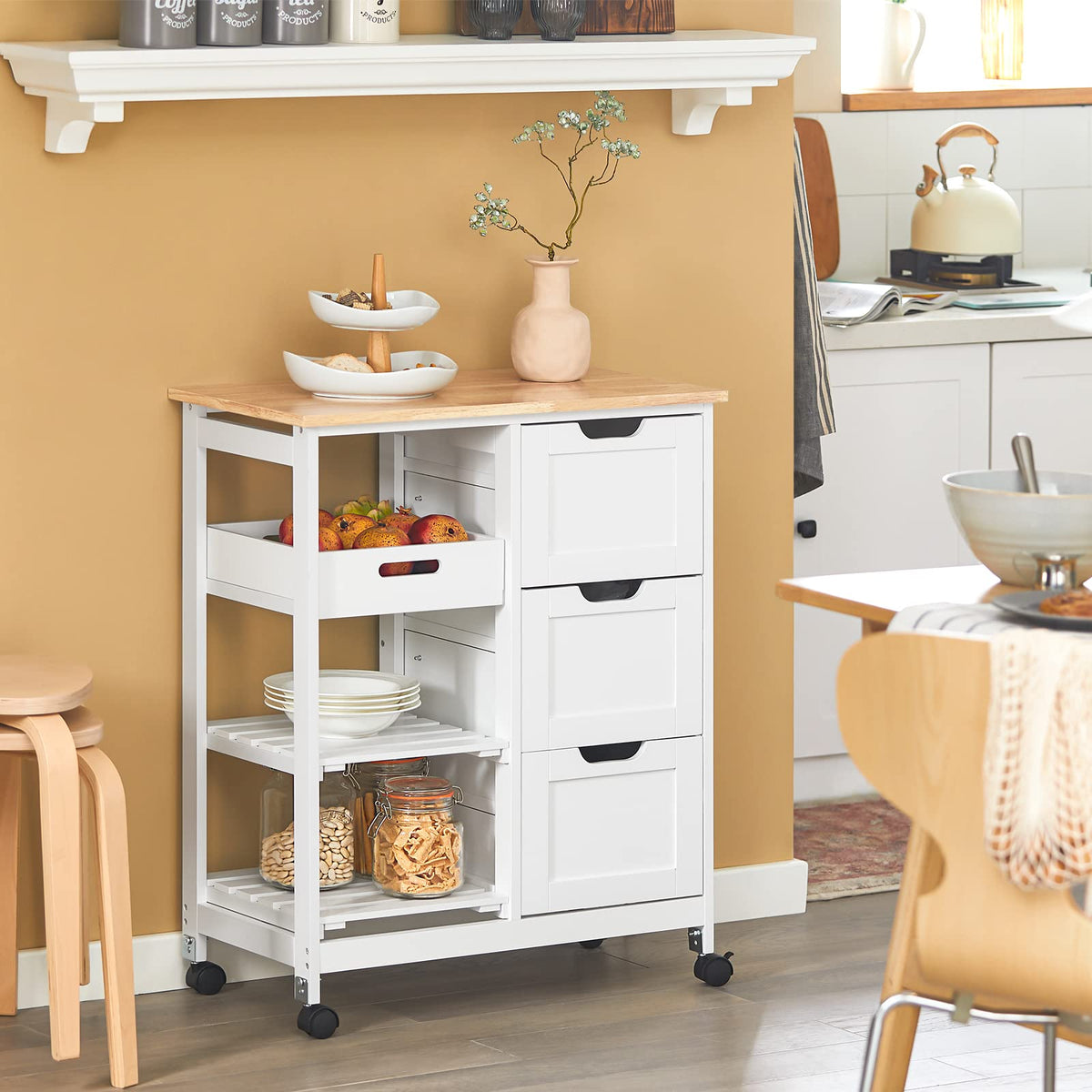 White Kitchen Serving Cart with 3 Drawers & Removable Tray