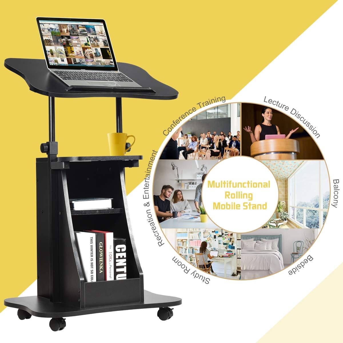 Mobile Height-Adjustable Laptop & Podium Desk with Storage