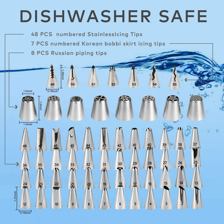 Cake Decorating Supplies Kit for Beginners, Set of 137, Baking Pastry Tools, 1 Turntable stand-55 Numbered Icing Tips with Pattern Chart, Angled Spatula, 8 Russian Piping nozzles-Baking Tools