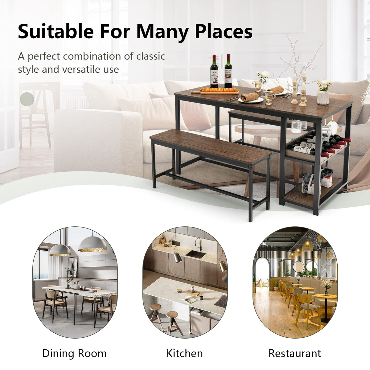 3-Piece Dining Set with Wine Rack & Glass Holder