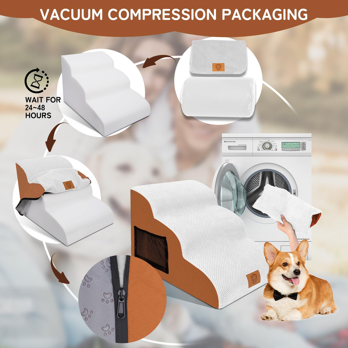 3-Tier High-Density Foam Pet Stairs with Washable Cover