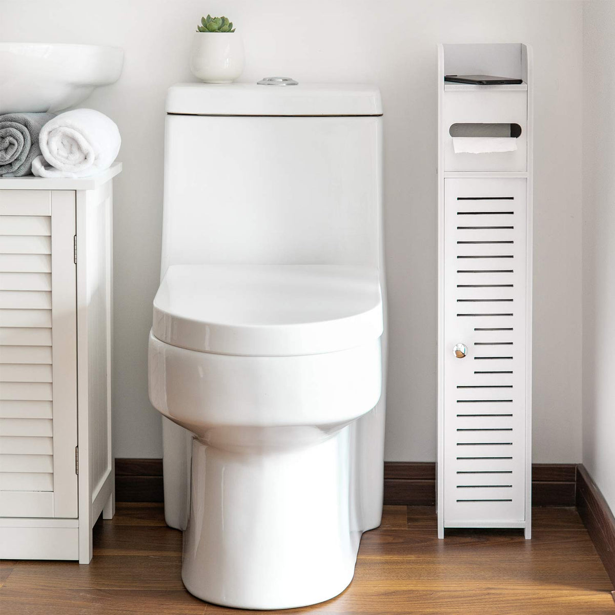 Toilet Roll Holder, Toilet Paper Roll Holder with Slim Shelf, Over Toilet Storage for Toilet Paper Bulk, Narrow Shelf for Bathroom Accessories ,Bathroom Storage for Toilet Tissue, White by AOJEZOR