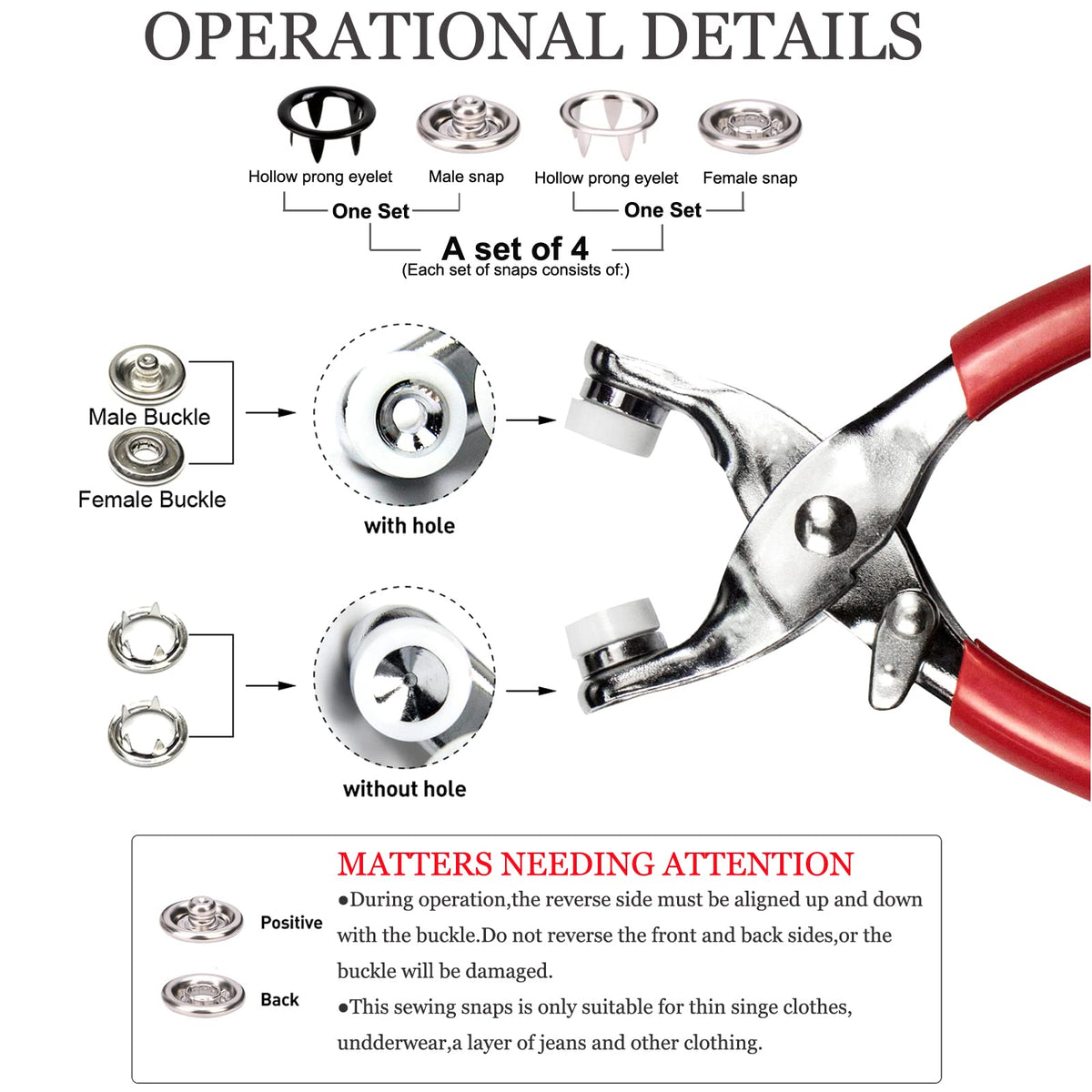200-Set 9.5mm Metal Snap Fastener Kit with Pliers – 10 Colours