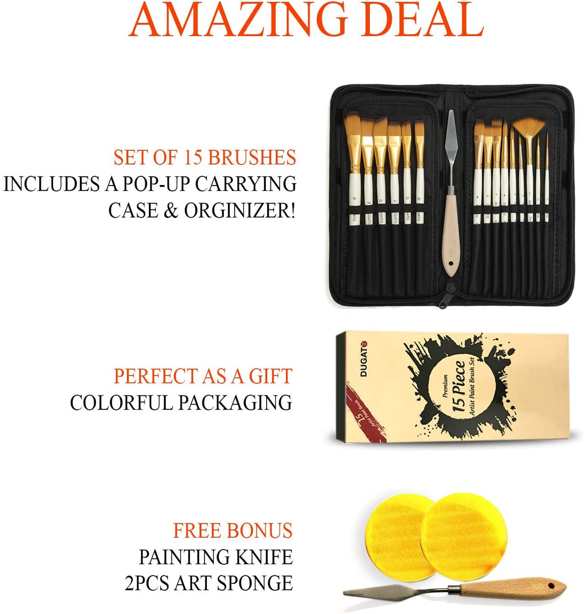 Artist Paint Brush Set 15pcs Includes Pop-up Carrying Case with Free Palette Knife and 2 Sponges for Acrylic, Oil, Watercolor, Art, Scale Model, Face, Paint by Numbers for Adults