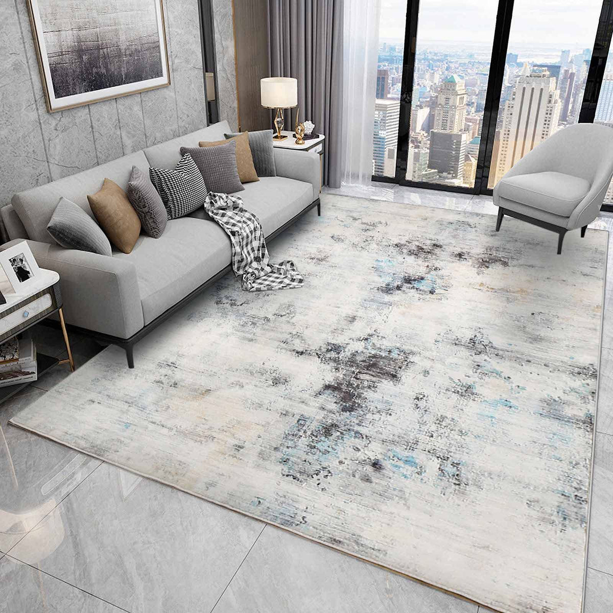 200 × 250 cm Grey Abstract Medium-Pile Area Rug