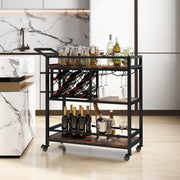 3-Tier Bar Cart with Wine Rack & 2-Row Glass Holder