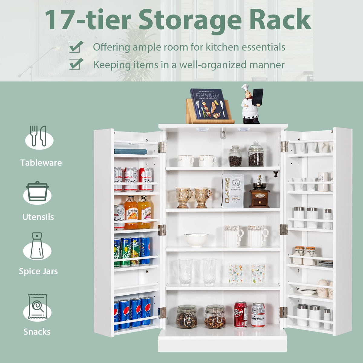 103 cm White 2-Door Pantry Cabinet with 6 Adjustable Shelves