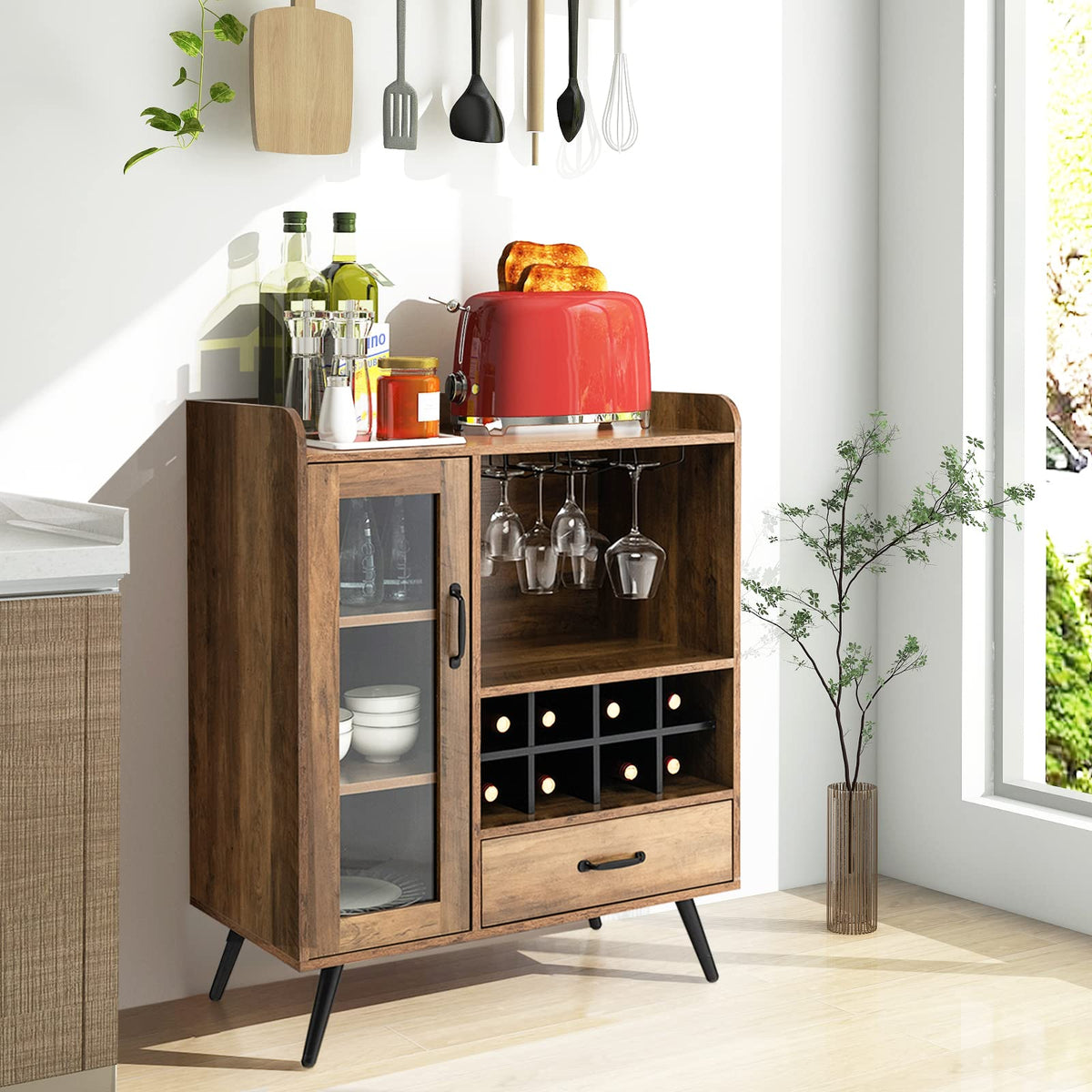 Wine Cabinet, Buffet Sideboard with Removable Wine Rack, Drawer, Shelves, Tempered Glass Door & Glass Holder, Wooden Wine Storage Sideboard for Kitchen, Dining Room, Living Room