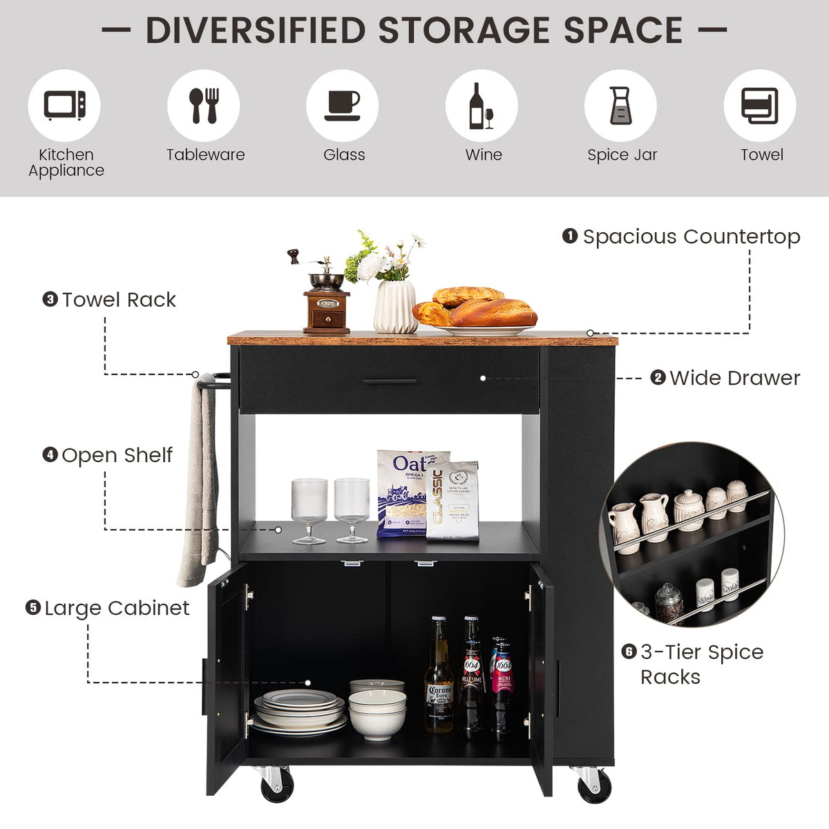 Black Rolling Kitchen Island with 3-Tier Spice Rack