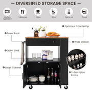 Black Rolling Kitchen Island with 3-Tier Spice Rack