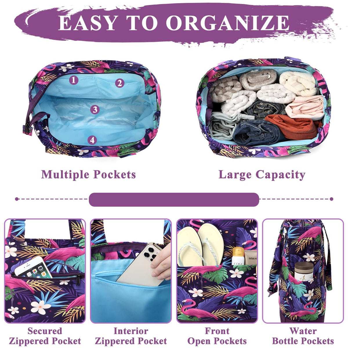 Beach Bag for Women,VASCHY Lightweight Large Water Resistant Sandproof Fold-able Packable Pool Tote Bag w Zipper/Pockets for Vacation