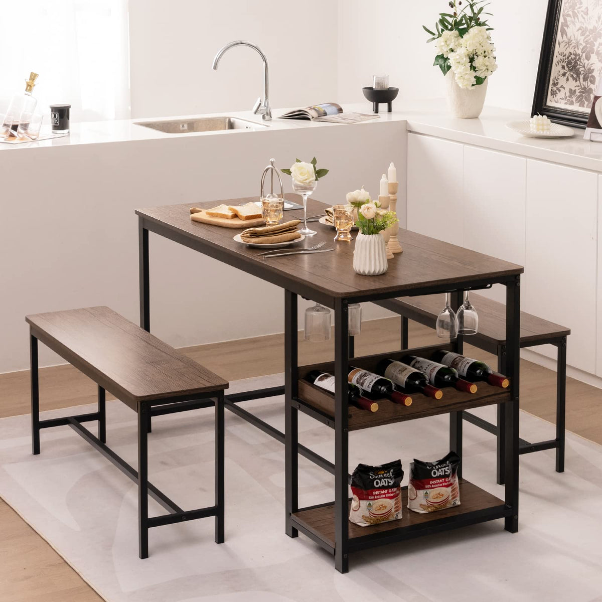 3-Piece Dining Set with Wine Rack & Glass Holder